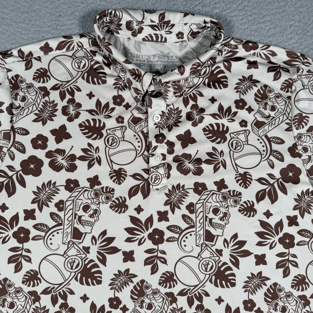 Grunt Style Shirt Mens XL Brown Floral Skulls Performance Golf Polo Preppy Logo